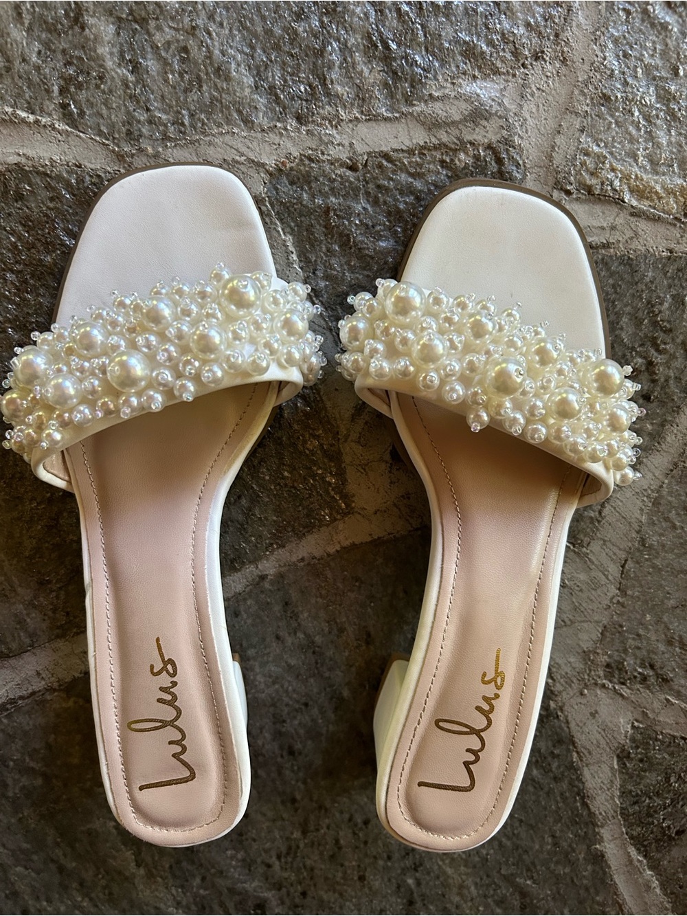 Lulu's Ivory Pearl-Embellished Slide Mules